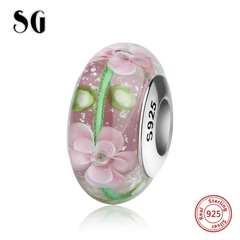 

SG vintage flowers sparkling Murano glass beads sterling silver 925 charms fit original European bracelets jewelry findings gift