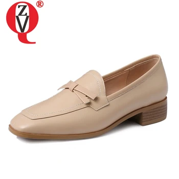 

ZVQ shoes women spring new concise leisure popular genuine leather women pumps low hoof heels square toe slip-on ladies shoes
