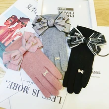 Мягкие зимние женские модные перчатки, кашемировые женские перчатки с сенсорным экраном, с большим бантом, серые, черные, на запястье, двойные теплые варежки, для улицы