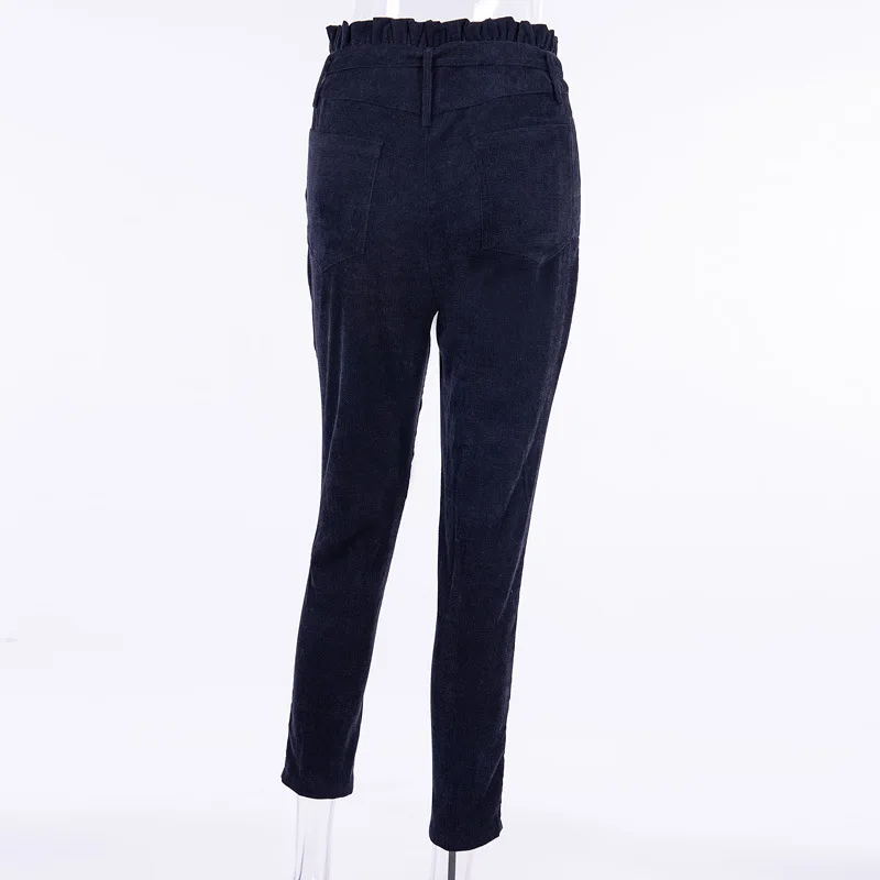 Женские брюки повседневные Прямые вельветовые темно-синие брюки с высокой талией Модные женские ремни джинсы с открытой щиколоткой уличная одежда