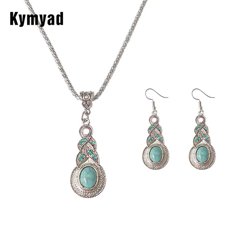 

Kymyad Vintage Green Resin Jewelry Set New Women Jewelry Sets Antique Silver Crystal Stone Gourd Pendant Necklace Earrings Sets