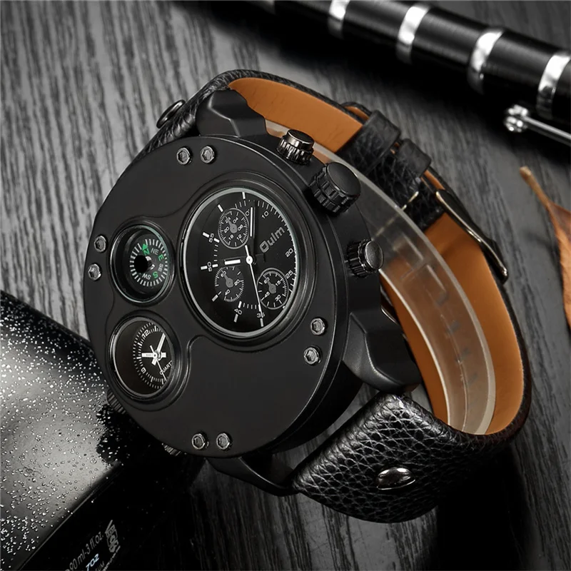 Koop Oulm Unieke Nieuwe Sport Horloges voor Mannen Luxe Merk Casual PU Lederen Militaire Horloge Mannelijke Decoratieve Kompas Quartz Klok Man