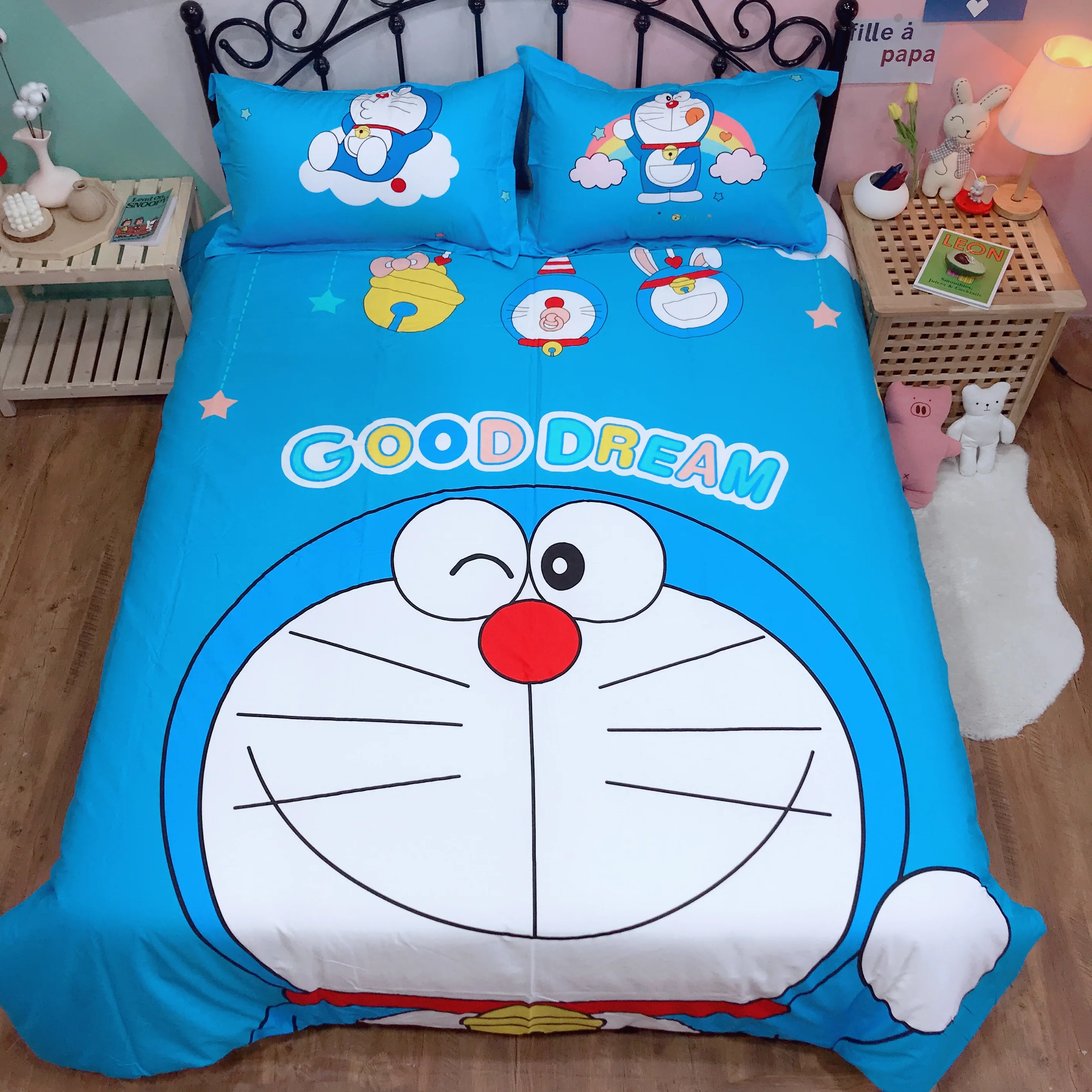 Us 44 23 43 Off Cartoon Bedding Set Doraemon Kids Bedroom Pure Cotton Quilt Cover Twin Queen King Cute Duvet Cover Bed Sheet Blue Bedclothes In