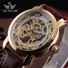 Модный бренд SEWOR золотые часы Скелетон мужские военные деловые кожаный ремешок для часов платье Роскошные автоматические механические наручные часы