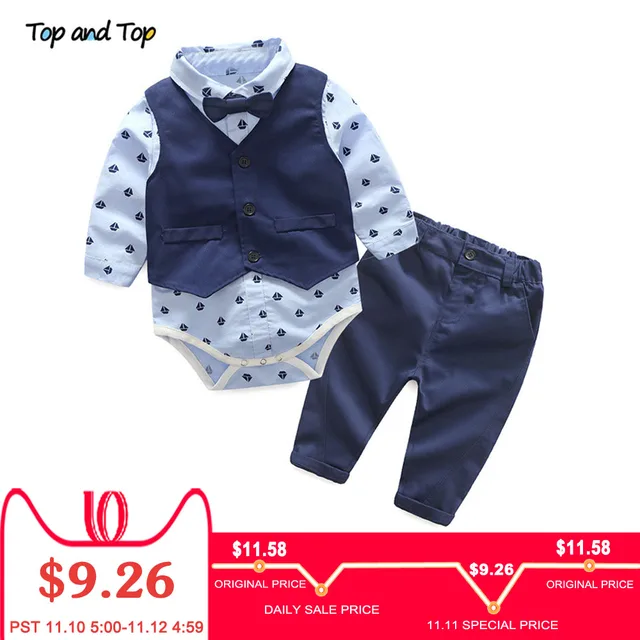 톱 및 탑 가 패션 유아 옷 Baby 한 벌 Baby Boys 옷 Gentleman 활 Tie Rompers + Vest + pants baby Set
