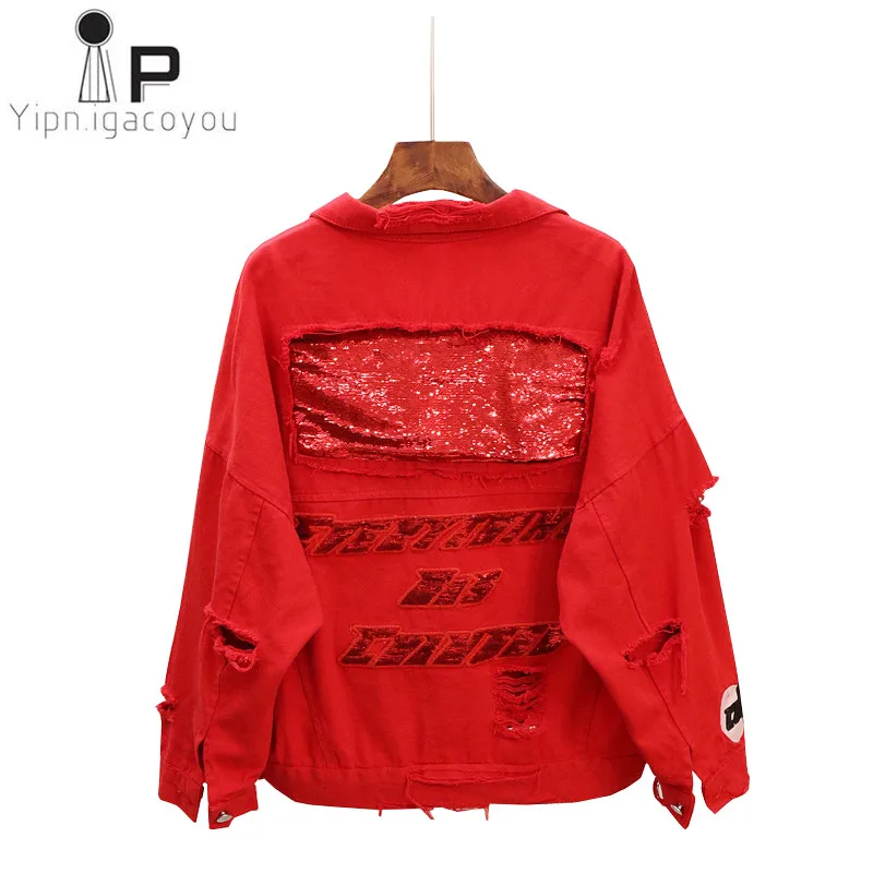 Красная черная джинсовая куртка, женское базовое пальто, осень, большой размер, с отверстиями, короткое, с блестками, Джинсовая Куртка Harajuku, модное женское джинсовое пальто