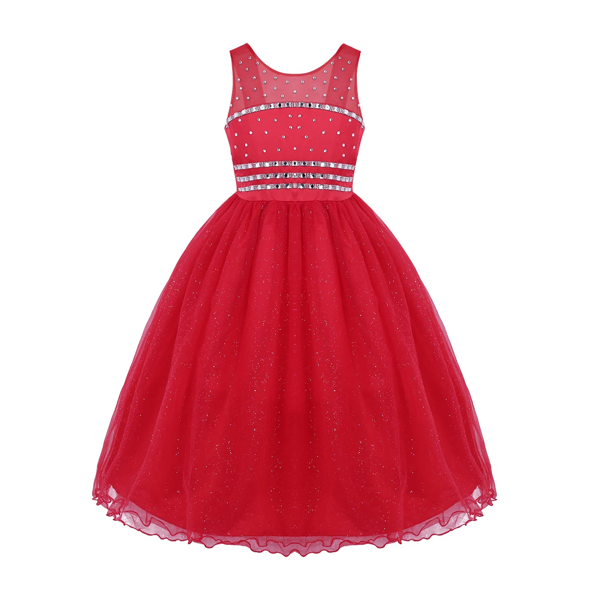Детские платья принцессы для подростков; Сетчатое платье с широкими бретельками; блестящие стразы; платье с цветочным узором для девочек; праздничное платье для свадьбы, дня рождения - Цвет: Red