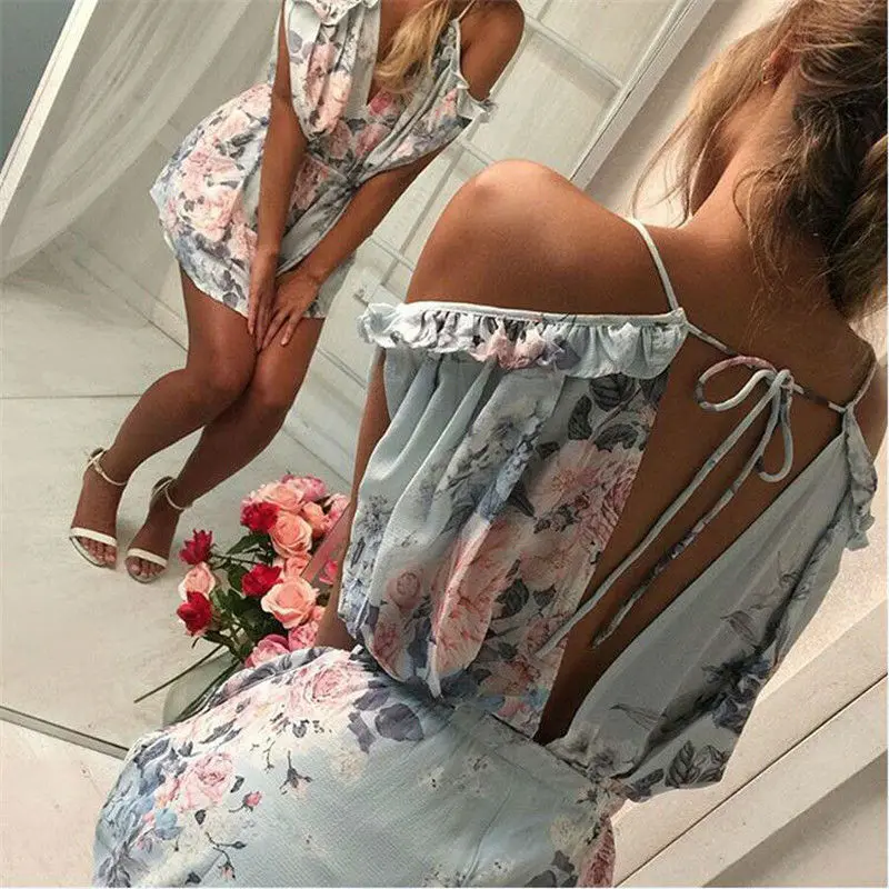 

Bohemian Loose Strap Playsuit Print Big Pink Flower Floral Ruffles Short Pant Jumpsuit Rompers Women Overalls Bodysuit Coveralls