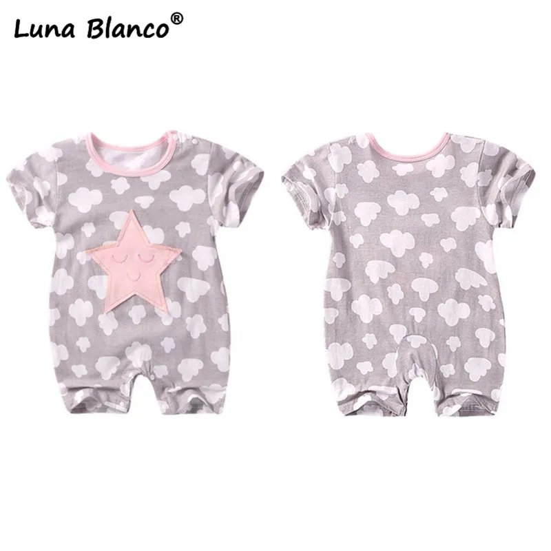 Детский комбинезон для новорожденных 0-9 месяцев, Детский комбинезон с короткими рукавами, комбинезон с облаками, звездами, луной, хлопок, Детская летняя одежда