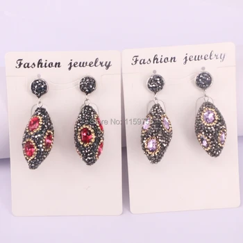 

New~4Pair Olive shape Red/ Pink Color Crystal Charm Pave Rhinestone Dangle Earrings Jewelry Finding