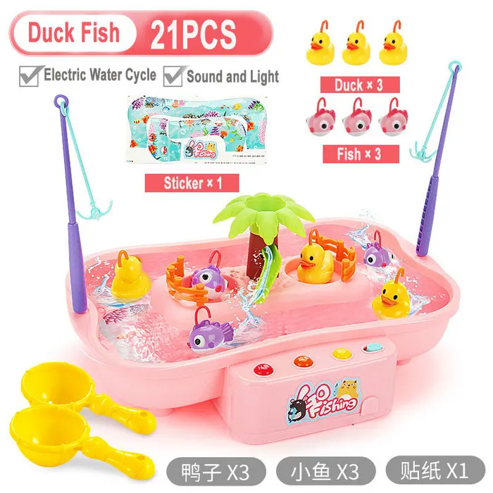 Вращающаяся в воде игрушка для рыбалки с музыкой и светильник, игра для рыбалки с уткой, электрическая игрушка для детей, игрушки для мальчиков и девочек 3 лет - Цвет: 21PCS Pink