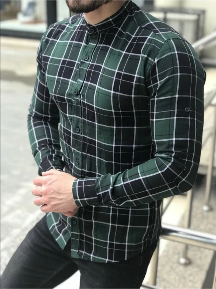 Men's Shirts Checked Plaid Long Sleeve Slim Shirt V-Neck Formal Spring NEW Fashion Casual Men Tops Shirt