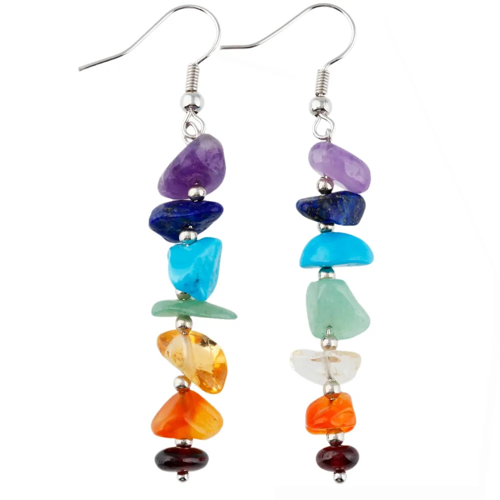 

TUMBEELLUWA 7 Chakra Chips Stone Balancing Reiki Yoga Meditation Dangle Drop Hook Earrings