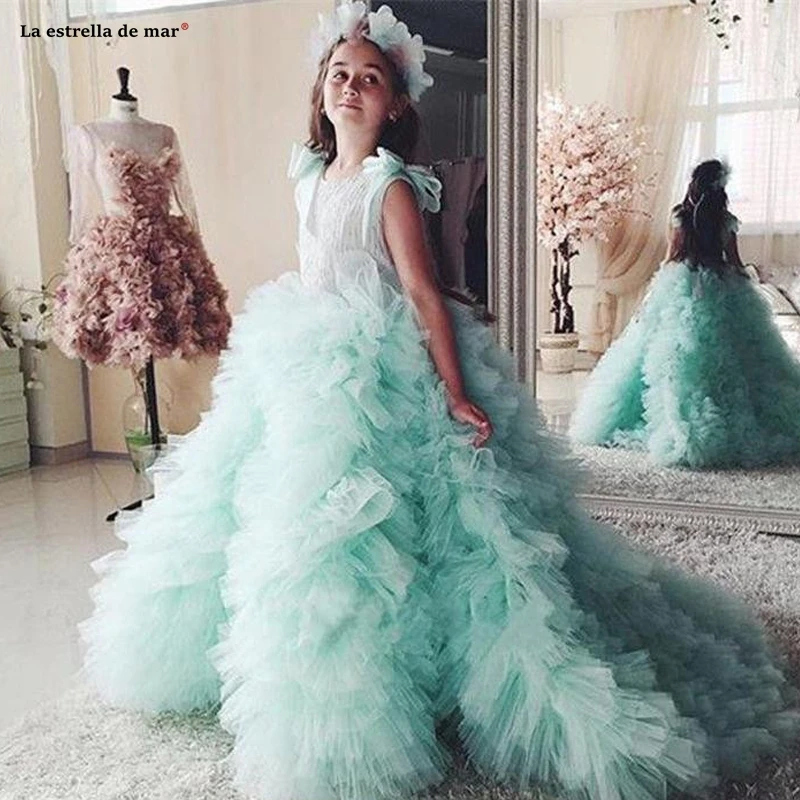 

Pageant dresses for girls 2020 new Scoop Neck lace tulle A Line mint green flower girl dresses trailing communion dresses