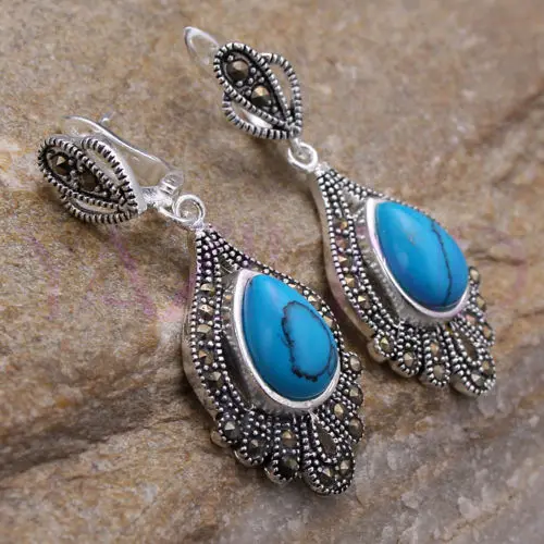 

whosale Fine round turquoise bead silver hook earrings Vintage style 5.29