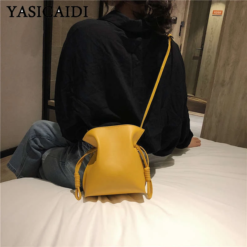 

YASICAIDI Fashion Drawstring Messenger Bags Solid Color PU Leather Lady Shoulder Bag Crossbody Bags For Women Purse bolso mujer