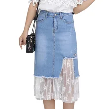 Рюшами и поясом; сетка; с высокой талией из джинсовой ткани сезон: весна-лето китайский стиль лето Разделение облегающая юбка миди Для женщин платье с джинсовым подолом