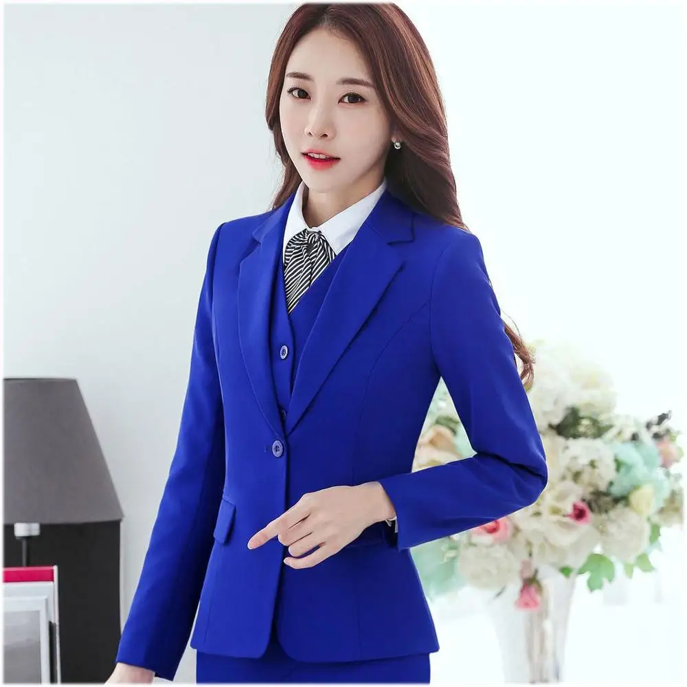 

IZICFLY New Elegant Blue Office Uniform Designs women suits with Trouser ensemble femme 2 pieces pantalon Business pant suits