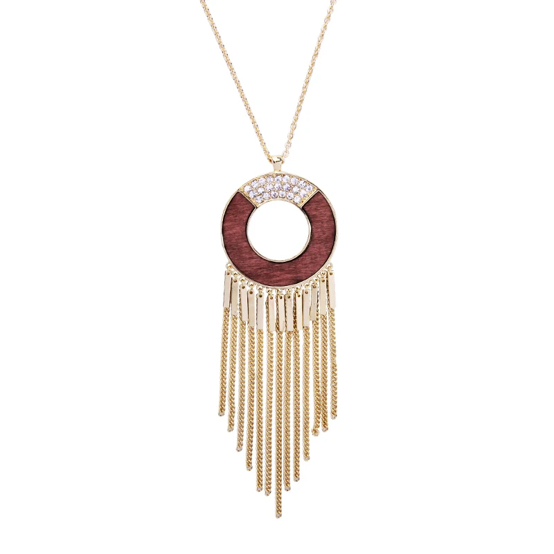 

Wholesale Chain Link Fringe Pendant Necklace Geometric Round Wood Handmade Long Necklace for Women