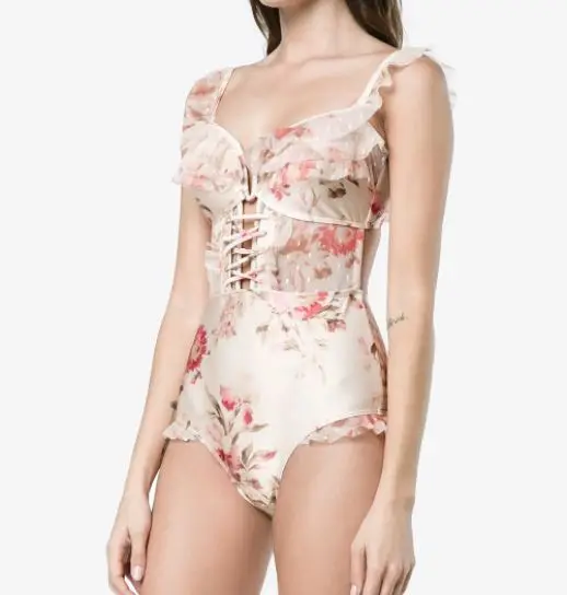 

Luxury Women's Corsair Corset Ruffle One Piece in Cream Floral Ruffled Off-Shoulder Bathing Suit