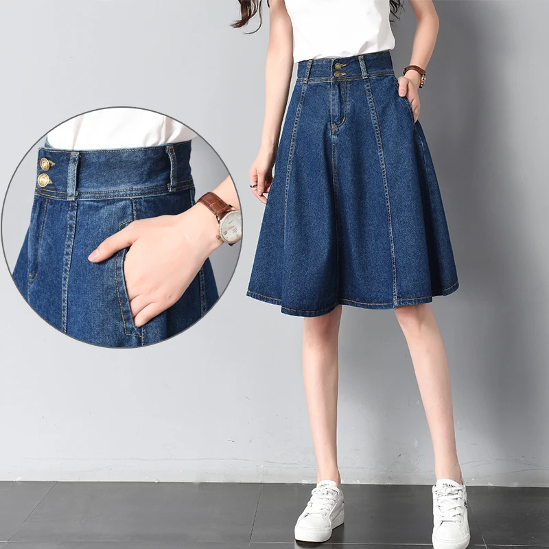 

2019 plus size high waist denim skirts women summer pockets midi jeans skirt ladies korean casual skirts jupe femme faldas