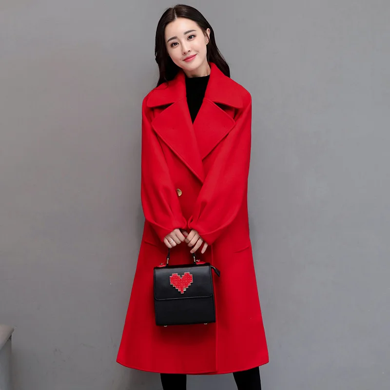 Décontracté Longues Cachemire D'hiver Veste Rouge Femmes Solide Taille Laine 2018 Manteau Col Breasted down Double Turn Large À De Poches rq4Ar