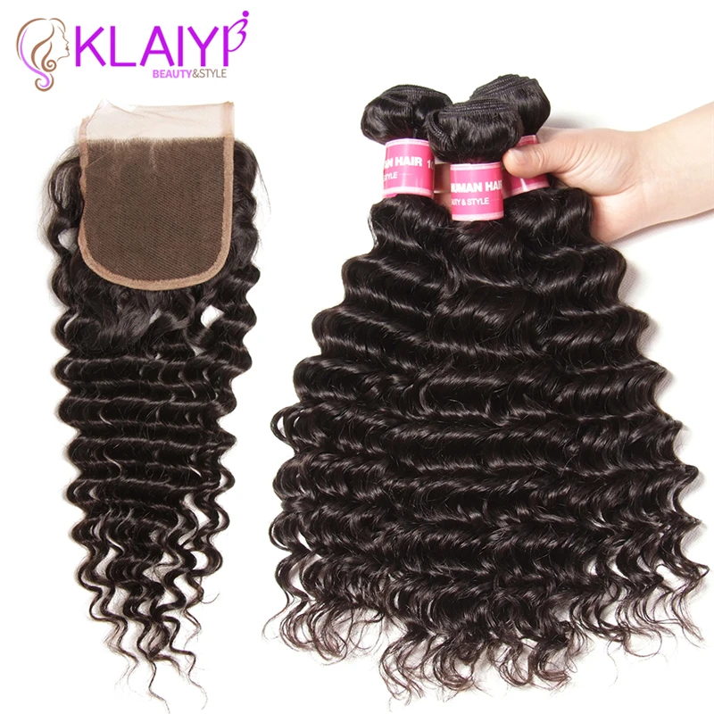 

Klaiyi Hair Deep Wave Bundles With Closure Human Hair Bundles With Closure Natural Color Peruvian Hair Weave Bundles Remy Hair