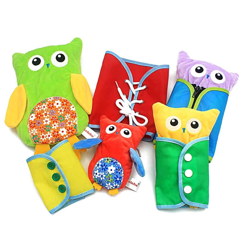 

4Pcs/set Toddler Toys Montessori Dress Zip Snap Button Buckle Lace Tie Cutely Owl Clothes Different Size Basic & Life Skills Toy