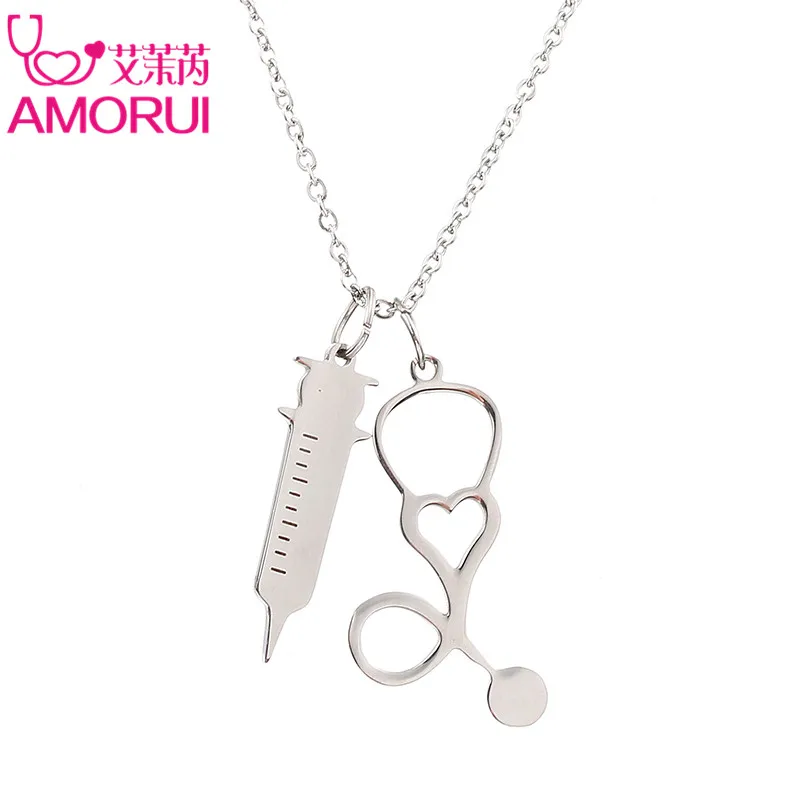AMORUI Medical Stethoscope Syringe Pendant Statement Choker Necklace Stainless Steel Gold/Silver Necklaces Pendants Women Gift