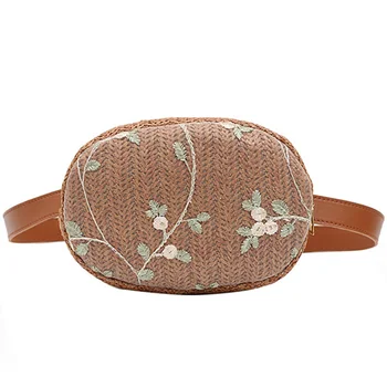 

Women'S Straw Braided Cross-Body Bag Round Flower Embroidery Ethnic Wind Messenger Bag Summer Beach Handbag