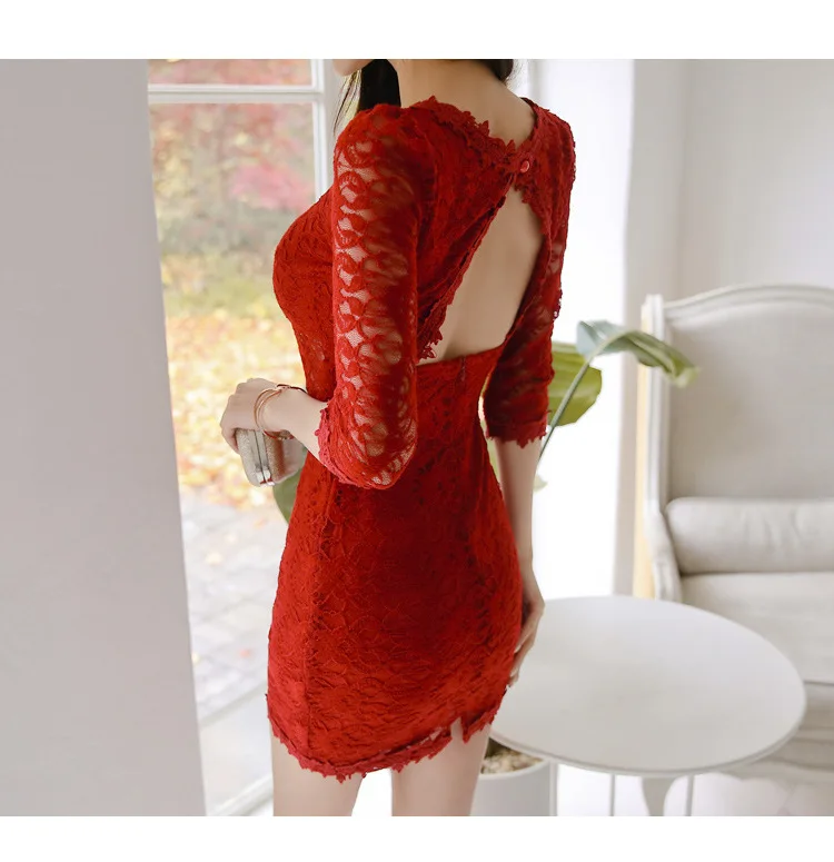Плюс Размеры облегающее Бандажное платье 2018 Для женщин осень красный половины рукав o-образным вырезом кружева Элегантный вечерние