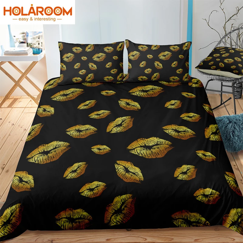 Комплект постельного белья с золотыми губами пододеяльник 3d принтом полиэстер