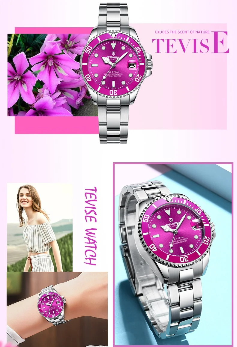 Women Watches TEVISE T801 Automatic Watch Woman Rotatable Case Montre Femme Mechanical Wristwatches With Watchband Fix Tool (6)