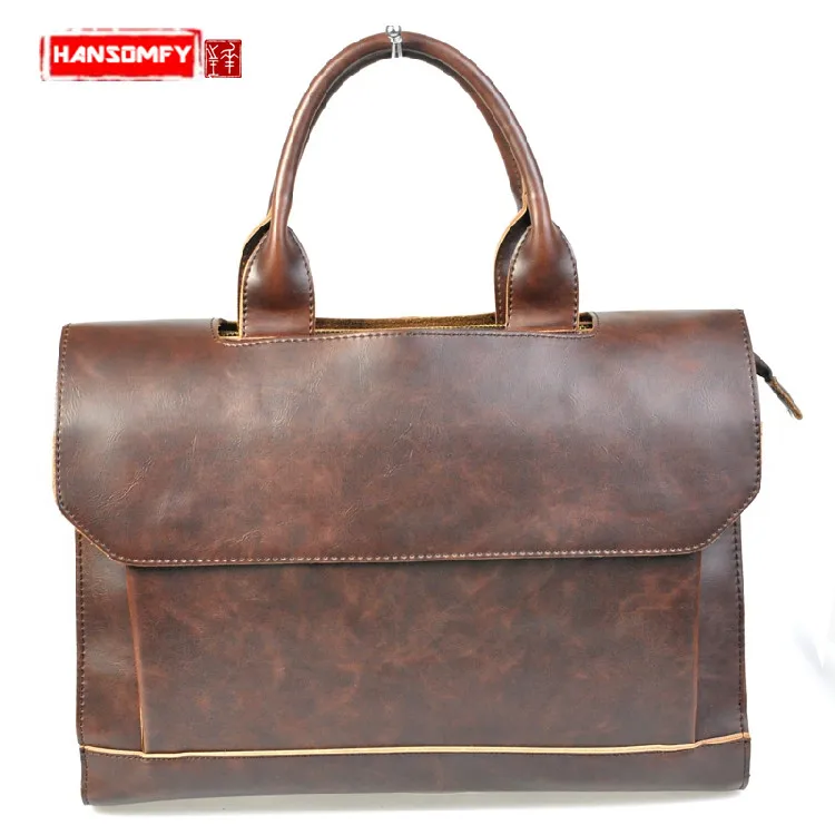 

Genuine Leather Men handbags Crazy Horse Leather 14" Laptop Messenger Bag Crossbody Shoulder Business vintage briefcase Bags