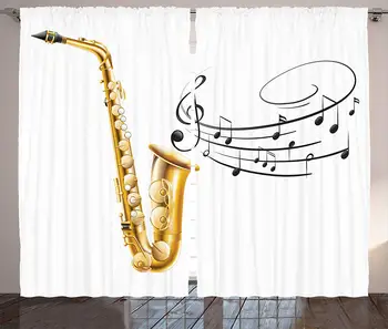 

Music Curtains Illustration Fancy Old Saxophone Template Solo Vibes Art Print Design Living Room Bedroom Window Decor Panel
