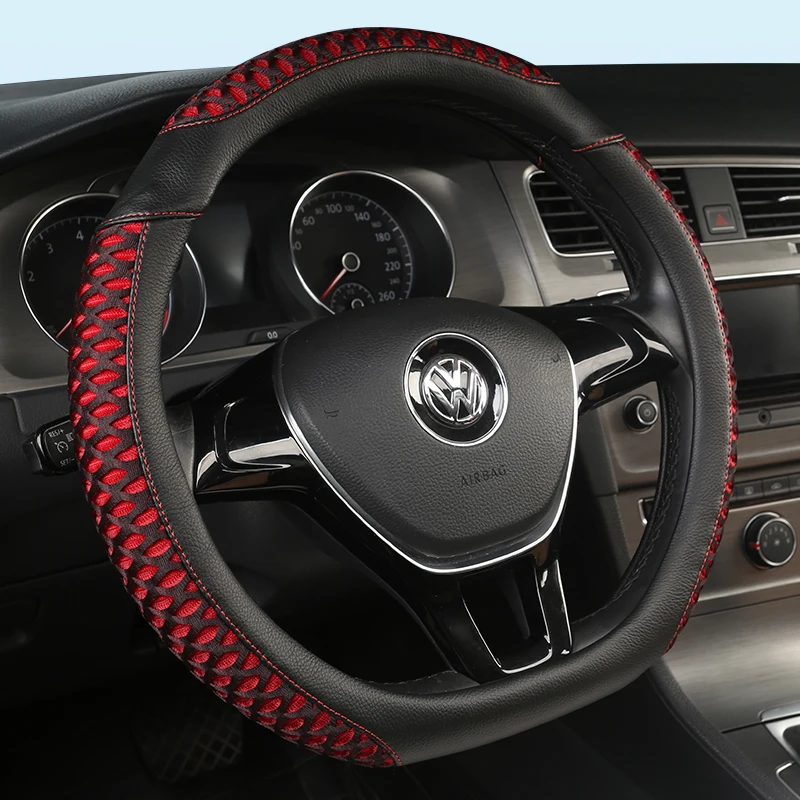 

KKYSYELVA D Shape Leather Car Steering Wheel Cover Four Seasons Steering Wheel Hubs For POLO JATTA Interior Accessories
