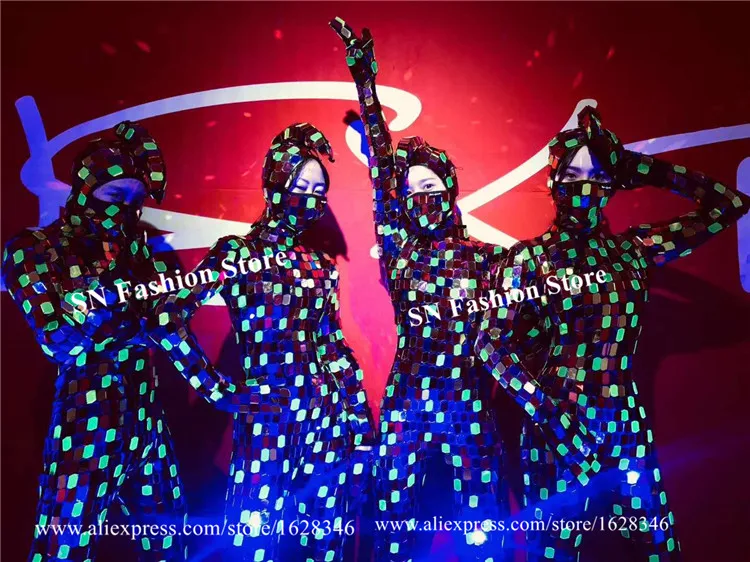 M54 Бальные Танцевальные Красочные Зеркальные костюмы сценическое боди Серебристые зеркальные наряды маска диджея платье для сцены Женская мозаичная одежда