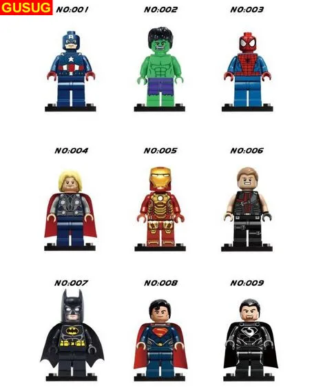 

XH 001-009 Super Heroes Captain Thor Iron Man Hulk Superman Spider Man Zod Batman Hawkeye Plastic Block Baby Toys