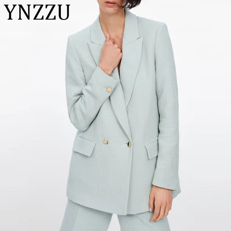 

YNZZU Elegant Notched Collar Office Lady Blazer Women 2019 New Double Breasted Long Sleeve Loose Female Jacket Suit Coat AO975
