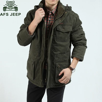 Afs джип бренд зимняя куртка Для мужчин средней длины Multi-карманы с капюшоном воротник толстые теплые ветровка Мужские парки Jaqueta Masculina Inverno - Цвет: Army Green