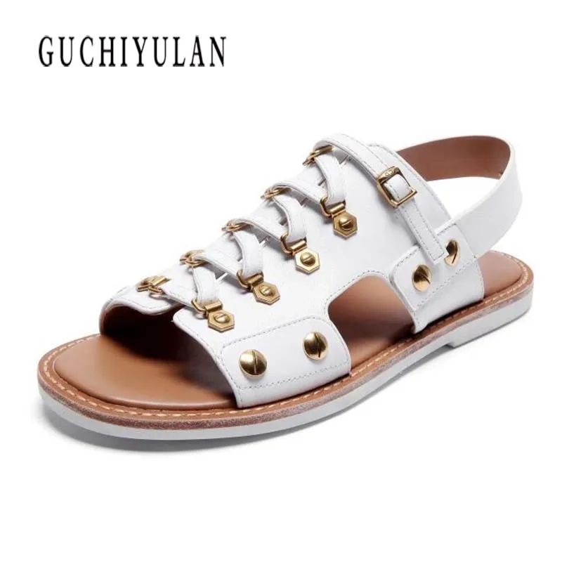 

2018 new women sandals cow genuine leather flat sandals summer fashion woman punk gladiator leather ladies sandals and slippers