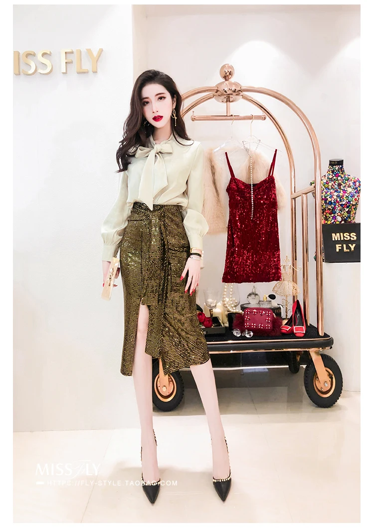 Cakucool шикарная юбка с золотыми блестками, высокая талия, пояс, высокий разрез, сексуальная юбка-карандаш, Корейская тонкая облегающая миди юбка для вечеринки
