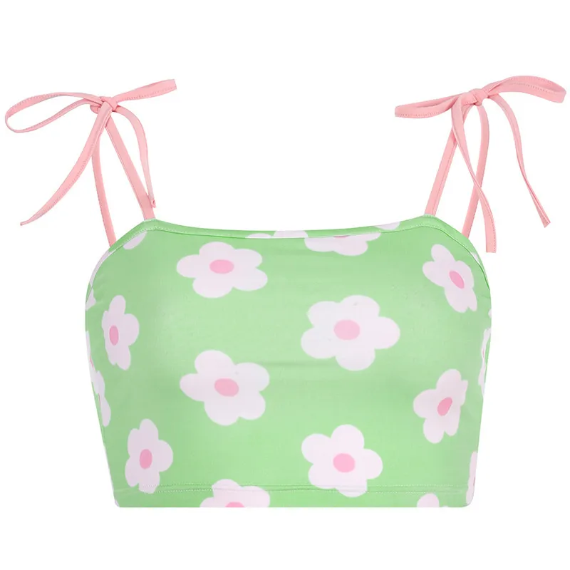 

Women Kawaii Floral Print Cropped Camis Tops Sexy Bandage Backless Sleeveless Crop Top Summer Streetwear Tank Top bustier top