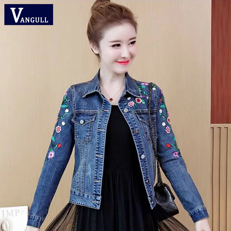 incredible  Vangull Plus Size 5XL Floral Women Denim Coat Embroidery Short Basic Ladies Jean Jacket Slim Flower