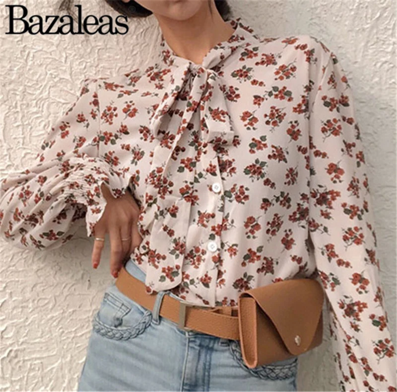 

2019 spring Blouse Center Bow tops and blouses Fashion Flora bow neckline women blouse and tops