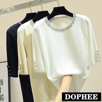 

2019 Summer Thin Knitted Tshirt Women Heavy Beaded Short-sleeved Loose T-shirt Girl's Solid-color T-Shirt