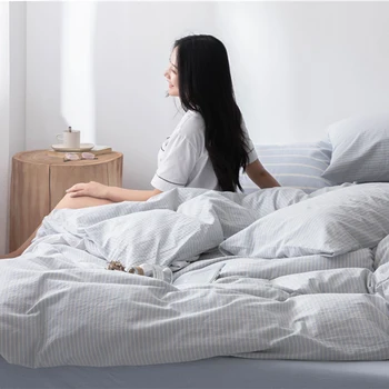 

Stripe Pure Cotton Yarn Dyed Washed 4pcs Bed Sets Duvet Cover Flat Fitted Bed Sheet Pillowcase Twin Queen King