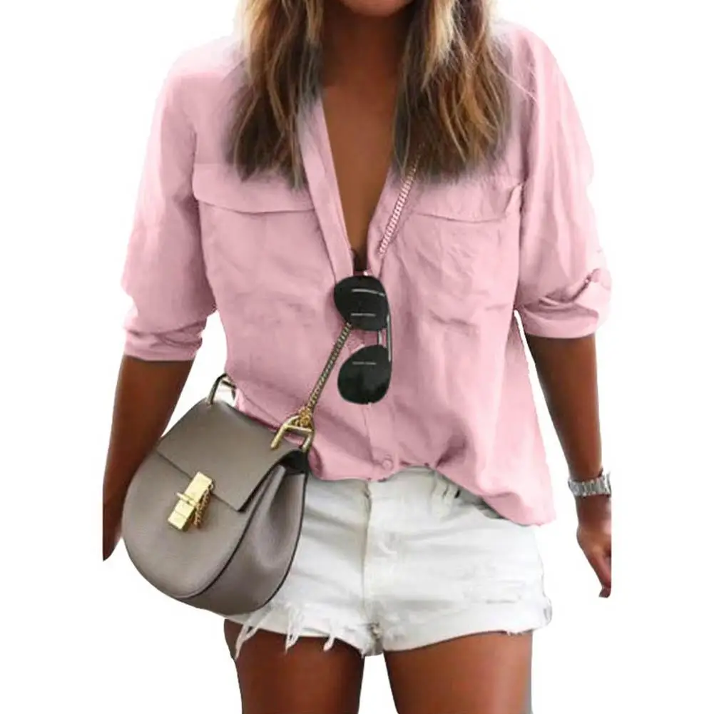 

Hot Fashion Solid Color Long Sleeve Turn-Down Collar Autumn Women Button Top Shirt