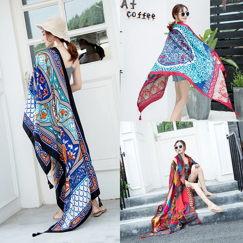 

New Ethnic Wind Scarf Female Tassel Printing Large Shawl Spring and Summer Travel Silk Scarf Seaside Holiday Sunscreen Beach Tow