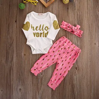 

3Pcs Newborn Baby Girls Cotton Romper Pants Legging Headband Outfits Clothes Set